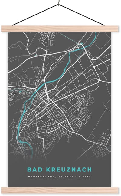 Posterhanger incl. Poster 60x90 cm - Schoolplaat - Bad Kreuznach – Stadskaart – Blauw – Plattegrond – Stadskaart – Kaart - Duitsland - Textielposter - Blanke latten - Stadskaart