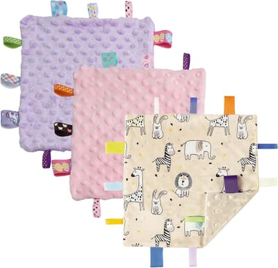 Zachte Sensory Dekentje voor Baby's, Perfect als Kraamcadeau of Verjaardagscadeau, 10 x 10 Inch in Dierenthema met Roze en Paars