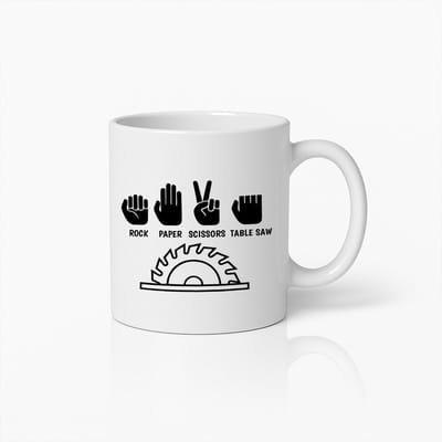 Grappige Rock Paper Scissors Mok 330ml – Hilarische Cirkelzaag Grap Koffiebeker – Cadeau voor Klussers, Houtbewerkers & Doe-Het-Zelvers