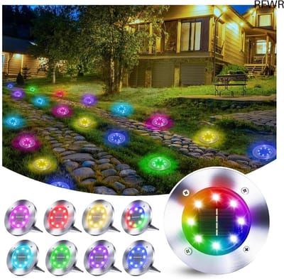 RFWR® Buitenverlichting op zonne-energie met 8 heldere LED-lampen, RGB-licht, IP65 waterdicht en eenvoudig te installeren
