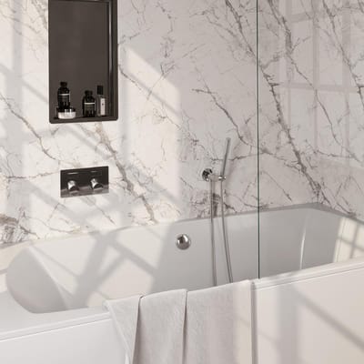 Brauer Chrome Carving Thermostatische Inbouw Badkraan Drukknoppen - Badvulcombinatie - Staaf - Doucheslang - Wandaansluitbocht - Handdouche - Chroom