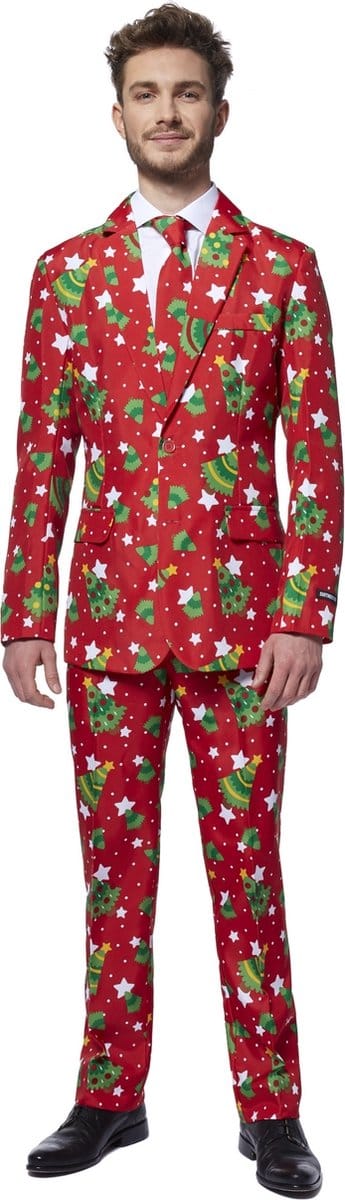 Suitmeister Christmas Trees Stars Red - Heren Kerst Kostuum - Kerstpak - Kerst Outfit - Rood - Maat S