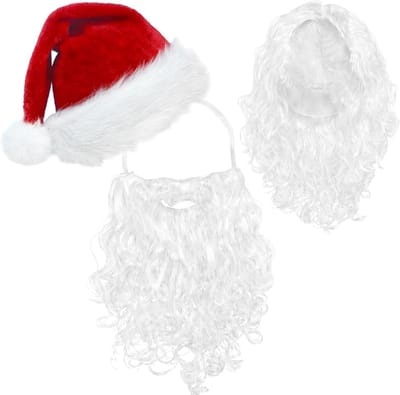 Drie-in-één Kerstman Kostuum met Hoed, Witte Lange Baard en Perucque voor Feestjes en Theatervoorstellingen
