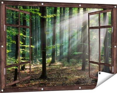 Gards Tuinposter Doorkijk Bos met Zon tussen de Bomen - 120x80 cm - Tuindoek - Tuindecoratie - Wanddecoratie buiten - Tuinschilderij