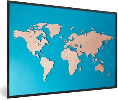 Poster in lijst - Fotolijst 60x40 cm - Posters - Wereldkaart - Houtkleur - Blauw - Posterlijst zwart - Decoratie - Wanddecoratie woonkamer - Muurdecoratie slaapkamer