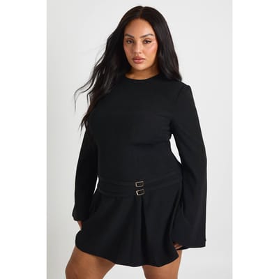 boohoo Dames Plus Getailleerde gespdetail geplooide mini-jurk | Zwart | Maat: 44
