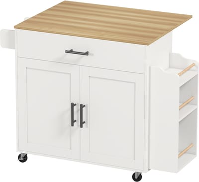 Keukeneiland - Verplaatsbaar - Keukenkast - Dressoir - Organizer - Kasten - Houten Werkblad - Natuurlijk + Wit