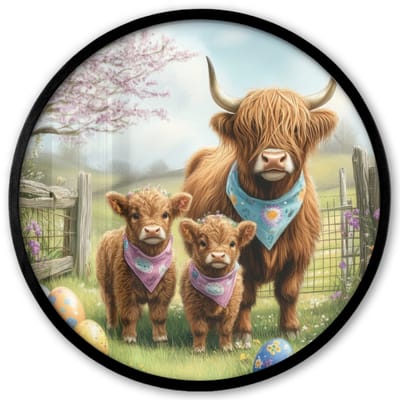 Poster in lijst Rond - Fotolijst 40x40 cm - Posters - Schotsehooglanders - Paaseieren - Lente - Ronde posterlijst zwart - Decoratie - Wanddecoratie woonkamer - Muurdecoratie slaapkamer