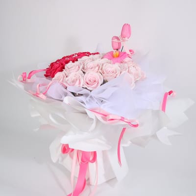 La Roselle Amsterdam Kunstrozenboeket Roze met wit rozen met strikjes