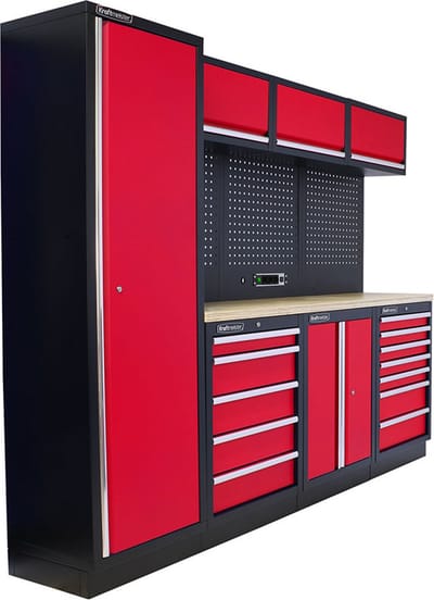 Kraftmeister werkplaatsinrichting - Werkbank met 3 wandkasten, 1 werkplaatskast, 1 opbergkast en multiplex werkblad - Werktafel met 12 laden en gereedschapswand - Complete set voor werkplaats of garage - Rood