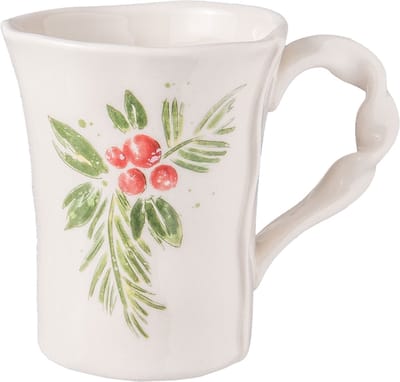 Clayre & Eef Servies Mok 300 ml Beige, Groen Keramiek Rond Kersttak Beker Koffiemok Kopje