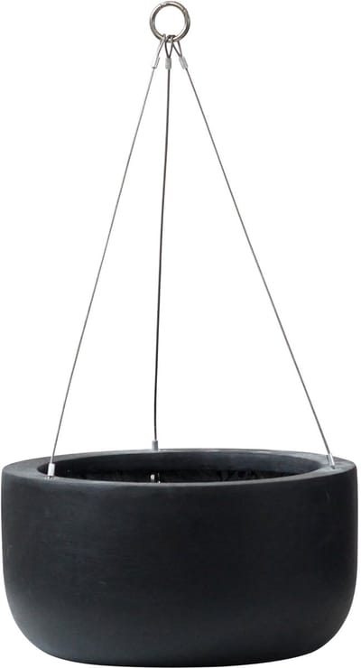 & Rose Grote 30cm Hangende Plantenpot - Glassteen met RVS Hangstangen - Mat Zwarte Plantenbak Binnen en Buiten