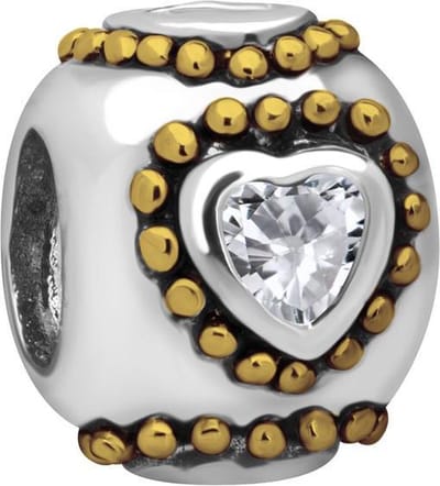 Quiges - 925 - Zilveren - Bedels -Sterling zilver - Beads - 14 Karaat Verguld Patroon met Zirkonia Hart Kraal Charm - Geschikt – voor - alle bekende merken - Armband Z402