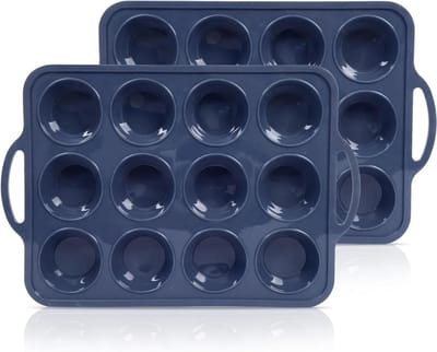 2 Stuks Siliconen Muffinvormen met Metalen Frame - 12 Cups, Antikleef Cupcake Tray voor Bakken, Ideaal voor Yorkshire Pudding en Muffins