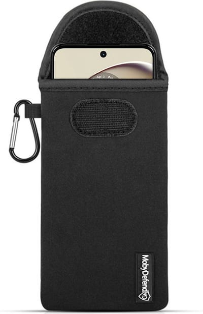 MobyDefend Hoesje - Geschikt voor Motorola Moto G14 - Neopreen Pouch Met Karabijnhaak - Insteek - Riemlus - Zwart