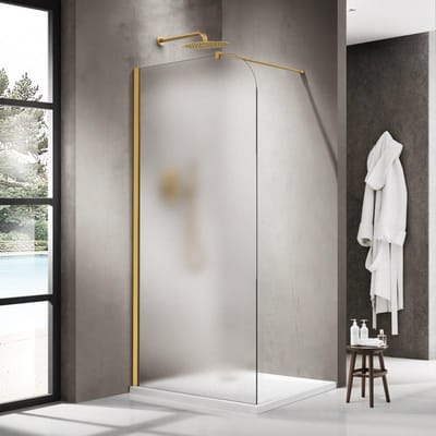 FugaFlow Eccelente Vetro Inloopdouche - 100x200cm - afgeronde glaswand - links - mat glas - wandarm - geborsteld messing PVD (Goud)