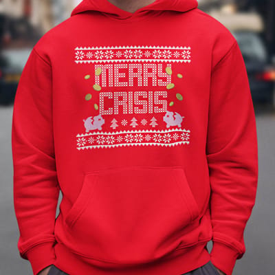Foute Kerst Hoodie Rood Merry Crisis Piggybank XS - Uniseks Pasvorm - Kerstkleding Voor Dames & Heren
