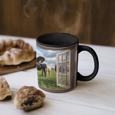 Magische Mok - Foto op Warmte Mokken - Koffiemok - Doorkijk - Koe - Weiland - Dieren - Natuur - Magic Mok - Beker - 350 ML - Theemok