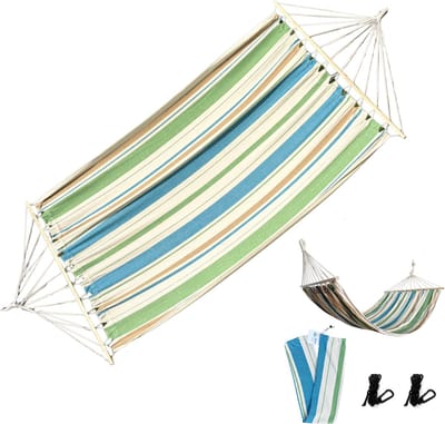 Rijoka Hangmat Large met Spreidstok – 200x140cm – Licht Groen/Blauw Gestreept – 1 Persoons – Incl. 2 Haken, Touw én Opbergzak – Ocean