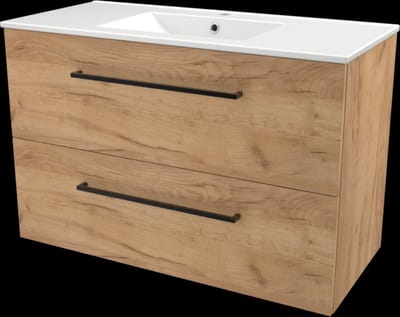 Basic Start 46 badmeubelset met wastafelonderkast met grepen, 2 lades en porseleinen wastafel met 1 kraangat 100 x 46 cm, whisky oak