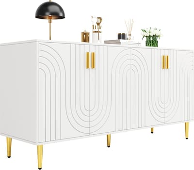DESMIU Dressoir - Elegant Golfdesign Met Gouden Handgrepen En Poten - Voor Eetkamer En Woonkamer - MDF - Wit - 152x40x75 Cm