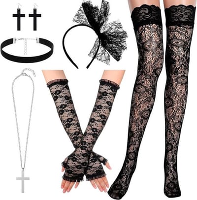 80s Cosplay Kostuum Accessoire Set met Kant Haarband, Handschoenen, Hoge Kousen, Oorbellen en Kettingen voor 80s Feest en Halloween