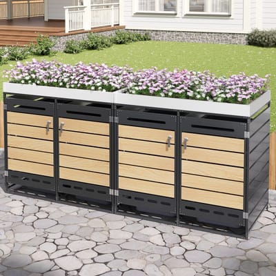 MIVRAY Afvalcontainerombouw – 4 Vakken Met Plantenbak – Zie Afbeelding – IJzer – Zwart – Voor Tuin En Terras