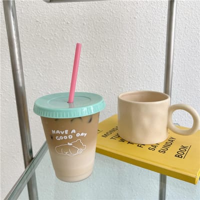 Plastic Koffiekop Grote Capaciteit Leuke Waterbeker Met Rietje Deksel voor Zomer Koud Drinken Hond 470ml gray