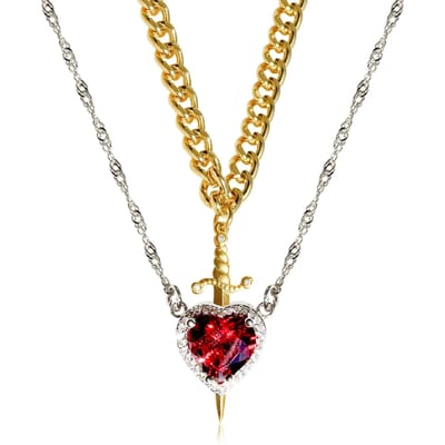 Hart en Zwaard Ketting - Koppel Kettingen - Verguld ROESTVRIJ STAAL Zirkonia Kristal Ring Armband Ketting Sieraden Set Gift box