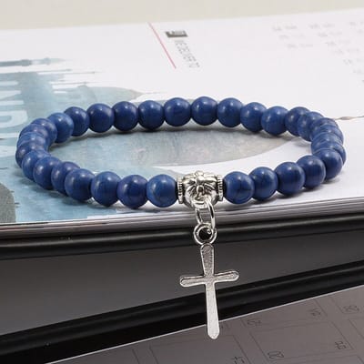 Kralen Armband met Kruisje - Blauw - Bijoux - Armbanden Heren Dames Kruis - Papa Cadeau Voor Mannen - Vaderdag