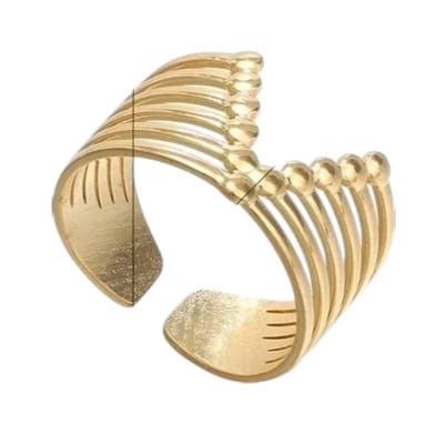 Aramat Jewels | Ringen | Stalen Verstelbare Open Ring - V-Shape & Dots - One Size | Goudkleur | |12mm | Staal | Volwassenen | Verkleurd niet