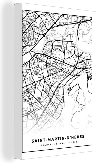 Canvas Schilderij Stadskaart – Plattegrond – Kaart – Saint-Martin-d'Hères - Frankrijk - Zwart wit - 20x30 cm - Wanddecoratie