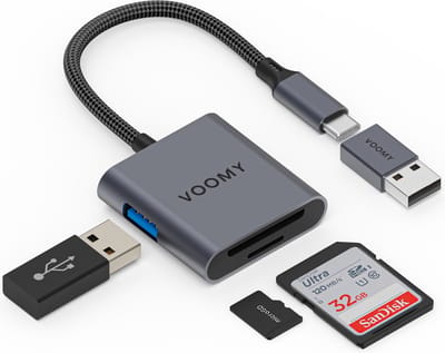 Voomy SD Kaart Lezer - 3 in 1 - SD / Micro SD / TF Card Reader - Kaartlezer Space Gray Aluminium - Geschikt voor Macbook Pro / Air / Windows / Universeel - Inclusief USB C naar USB A converter