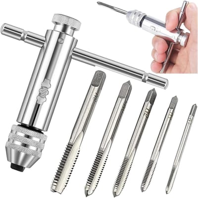Dailygoods - 6 stuks tapmoerset, M3 handschroefdraadboren, T-greep, windijzeren ratel, schroefdraadboorset met gereedschapshouder, draadsnijder, modelbouw, draadsnijset, voor horloges