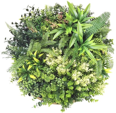 Vente-unique Rond schilderij met kunstplanten - D50 cm - Naturel kader, groen gebladerte - BOISI