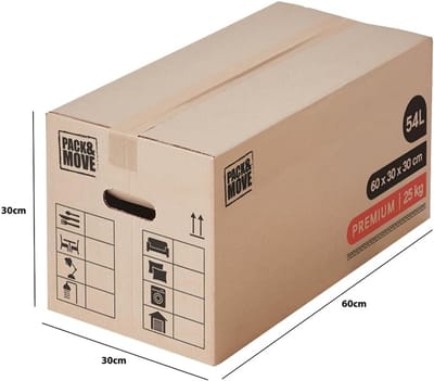 Pack & Move - Premium Verhuisdoos 60 x 30 x 30 cm - 54L - 25 kg - Dubbelwandig - Versterkte Handgrepen - Herbruikbaar - 2 Gratis Stickers