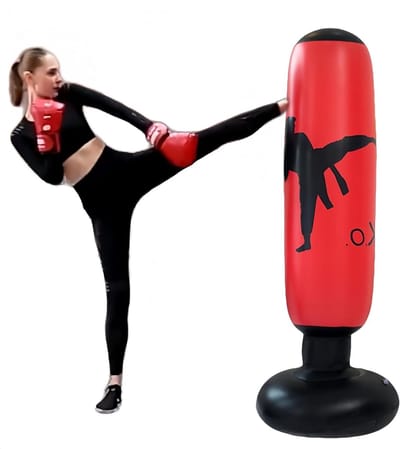 Staande-bokszak, opblaasbaar, 160 cm, PVC-bokszak, taekwondo, karate, boksen, rood, geschikt voor thuisgebruik en fitness training.