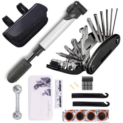 Kit d'outils de réparation de pneus de vélo, Kit d'outils de vélo multifonction 16 en 1 avec Mini pompe, mécanicien de cyclisme noir