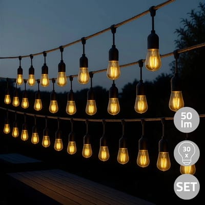Solar lichtsnoer tuin 'Chain' - 30 led filament lampen - USB-C oplaadbaar - 30 meter lang - Warm wit licht (2700K) - IP44 - Solar lichtslinger - Op zonne-energie