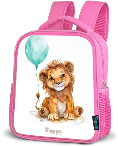 NoBoringSuitcases.com® - Rugzak roze - Schooltas meisjes - Leeuw met blauwe ballon - Kinder rugtas meisje - Boekentas kind - Kinderrugzak voor school - Schoolrugzak