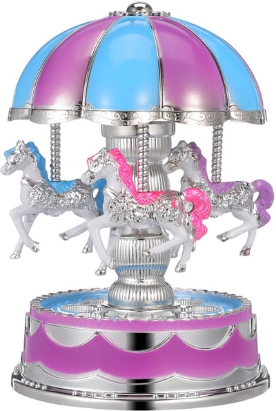 Paars Carrousel Muziekdoos – Met LED-verlichting, 3 Draaiende Paarden, Elektrisch – Romantische Tafeldecoratie