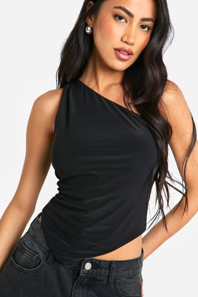 boohoo Dames Dubbele Laag Slinky One Shoulder Asym Hem Top | Zwart | Maat: 36