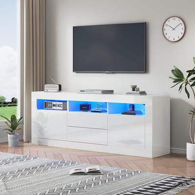 KOMHTOM TV Meubel TV-kast met LED-verlichting 3 open vakken 2 deuren 2 lades Smart App-bediening voor 70-inch TV wit
