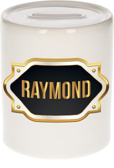 Spaarpot met voornaam Raymond - wit - met goud/zwart embleem - 8 x 9 cm - keramiek - met afsluitdop - cadeau verjaardag