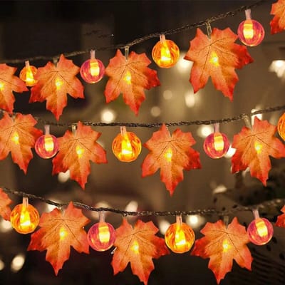 Rosnek Herfst Lichtsnoer met Esdoornbladeren & Pompoen – 1.5m 10 Lampjes – voor Buiten & Binnen – IP44 – Batterij Aangedreven – Warme Wit Sfeerverlichting voor Halloween en Thanksgiving – 1-stuks