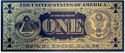 Schilderij Woonkamer - One Dollar Gold - Schilderij op Aluminium Dibond - 100 x 42 cm - PosterGuru