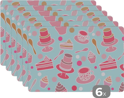 Placemat - Placemats kunststof - Taart - Thee - Cupcake - Roze - Design - 45x30 cm - 6 stuks - Hittebestendig - Anti-Slip - Onderlegger - Afneembaar