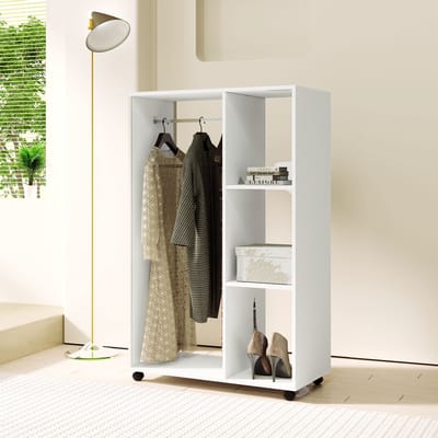Wishdor - Open Garderobekast Op Wielen - Met Kledingstang En 3 Planken - Modern - Voor Hal Of Slaapkamer - Spaanplaat - Wit - 80 x 40 x 128 cm