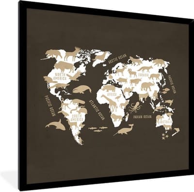 Poster in lijst - Fotolijst 40x40 cm - Posters - Wereldkaart - Wit - Dieren - Posterlijst zwart - Decoratie - Wanddecoratie woonkamer - Muurdecoratie slaapkamer