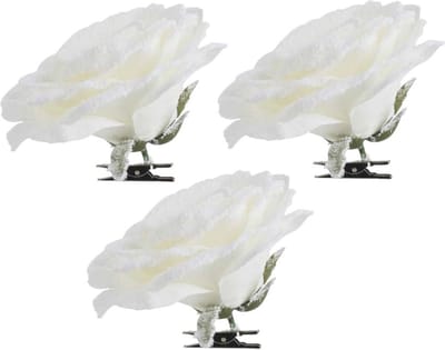 Cosy & Trendy Kerstboomversiering bloem op clip witte besneeuwde roos 15 cm - 6x - witte kerstversieringen